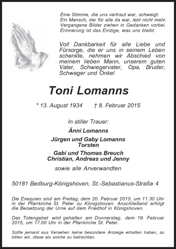 Traueranzeigen Von Toni Lomanns Wirtrauern