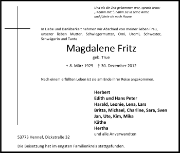 Traueranzeigen Von Magdalene Fritz WirTrauern