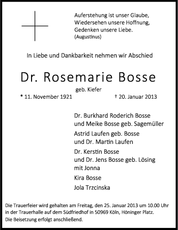 Traueranzeigen Von Rosemarie Bosse Wirtrauern