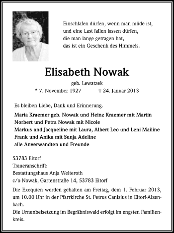 Traueranzeigen Von Elisabeth Nowak Wirtrauern