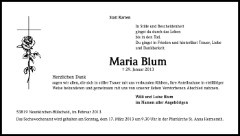 Traueranzeigen Von Maria Blum WirTrauern