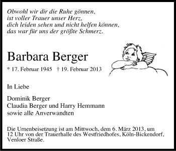 Traueranzeigen Von Barbara Berger Wirtrauern