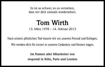 Traueranzeigen Von Tom Wirth WirTrauern