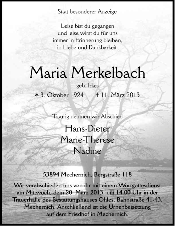 Traueranzeigen Von Maria Merkelbach WirTrauern