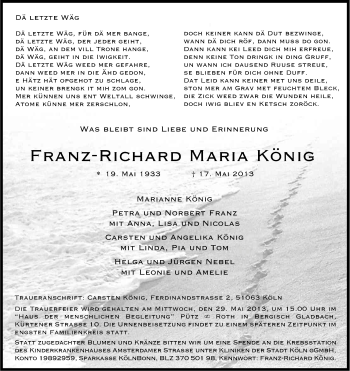 Traueranzeigen Von Franz Richard Maria K Nig Wirtrauern