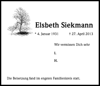 Traueranzeigen Von Elsbeth Siekmann Wirtrauern