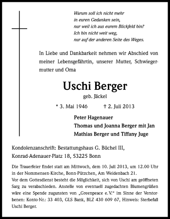 Traueranzeigen Von Uschi Berger WirTrauern