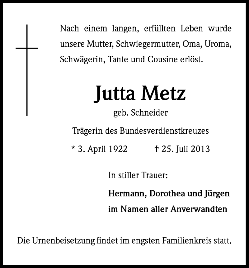 Traueranzeigen Von Jutta Metz WirTrauern