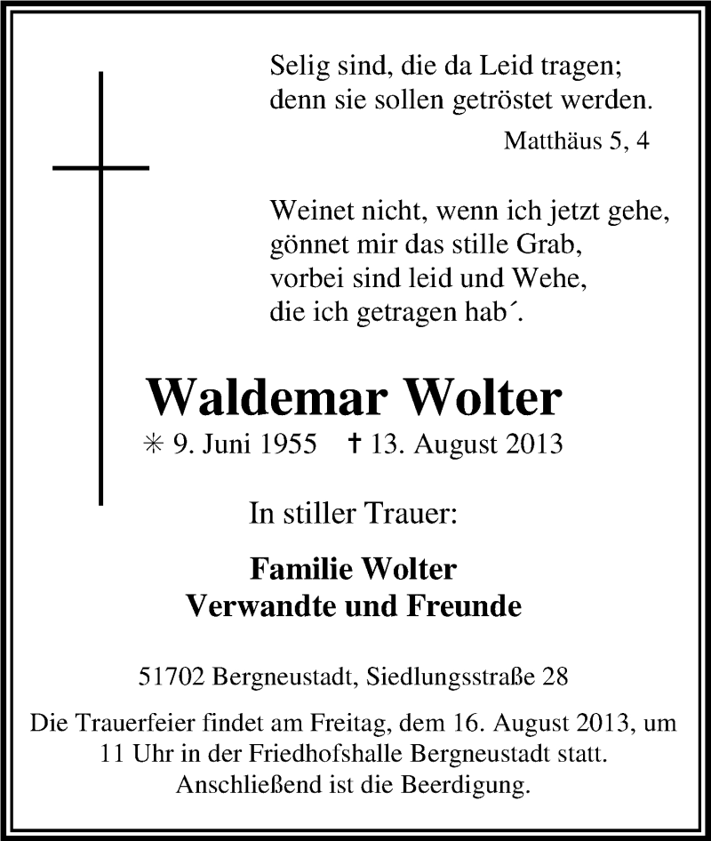 Traueranzeigen Von Waldemar Wolter WirTrauern