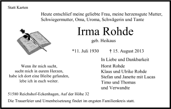 Traueranzeigen Von Irma Rohde WirTrauern