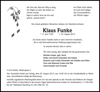 Traueranzeigen Von Klaus Funke Wirtrauern