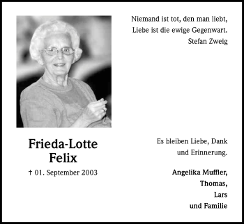 Traueranzeigen Von Frieda Lotte Felix WirTrauern