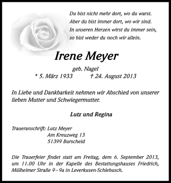 Traueranzeigen Von Irene Meyer WirTrauern