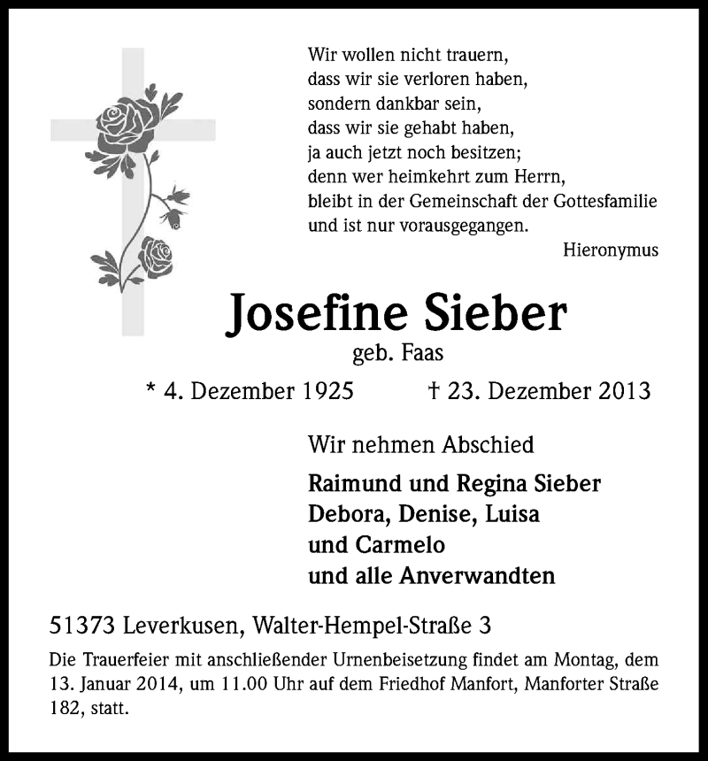 Traueranzeigen Von Josefine Sieber Wirtrauern