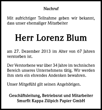 Traueranzeigen Von Lorenz Blum WirTrauern