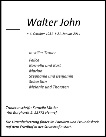 Traueranzeigen Von Walter John WirTrauern