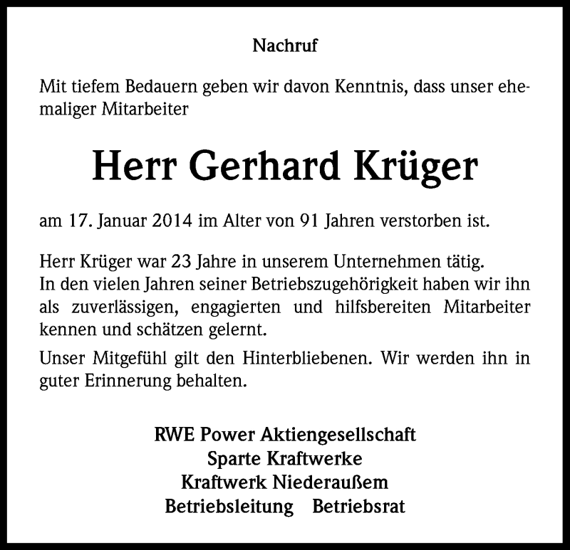 Traueranzeigen Von Gerhard Kr Ger Wirtrauern