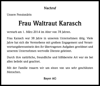 Traueranzeigen Von Waltraut Karasch Wirtrauern