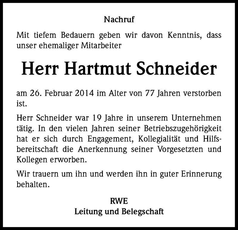 Traueranzeigen Von Hartmut Schneider WirTrauern