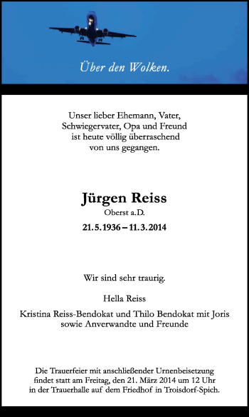 Traueranzeigen von Jürgen Reiss WirTrauern