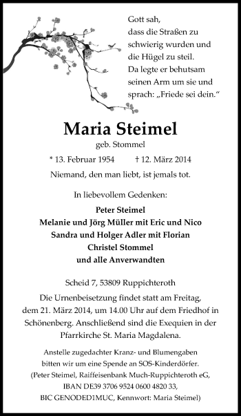 Traueranzeigen Von Maria Steimel WirTrauern