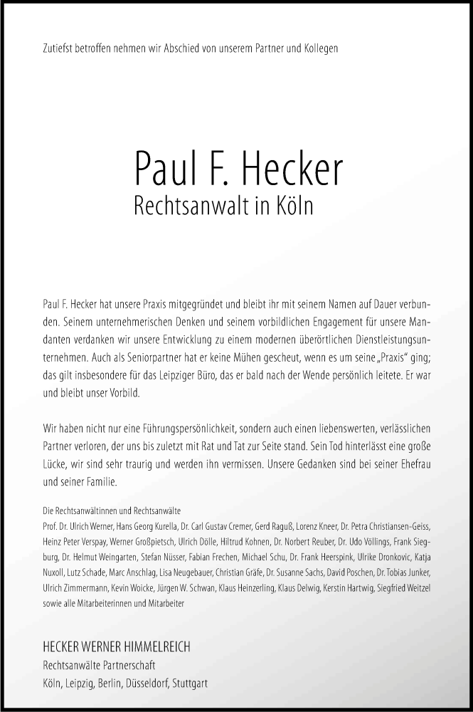 Traueranzeigen Von Paul Hecker Wirtrauern