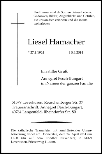 Traueranzeigen Von Liesel Hamacher WirTrauern