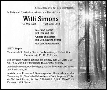 Traueranzeigen Von Willi Simons Wirtrauern