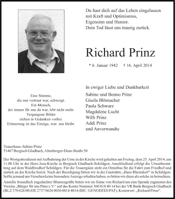 Traueranzeigen Von Richard Prinz Wirtrauern