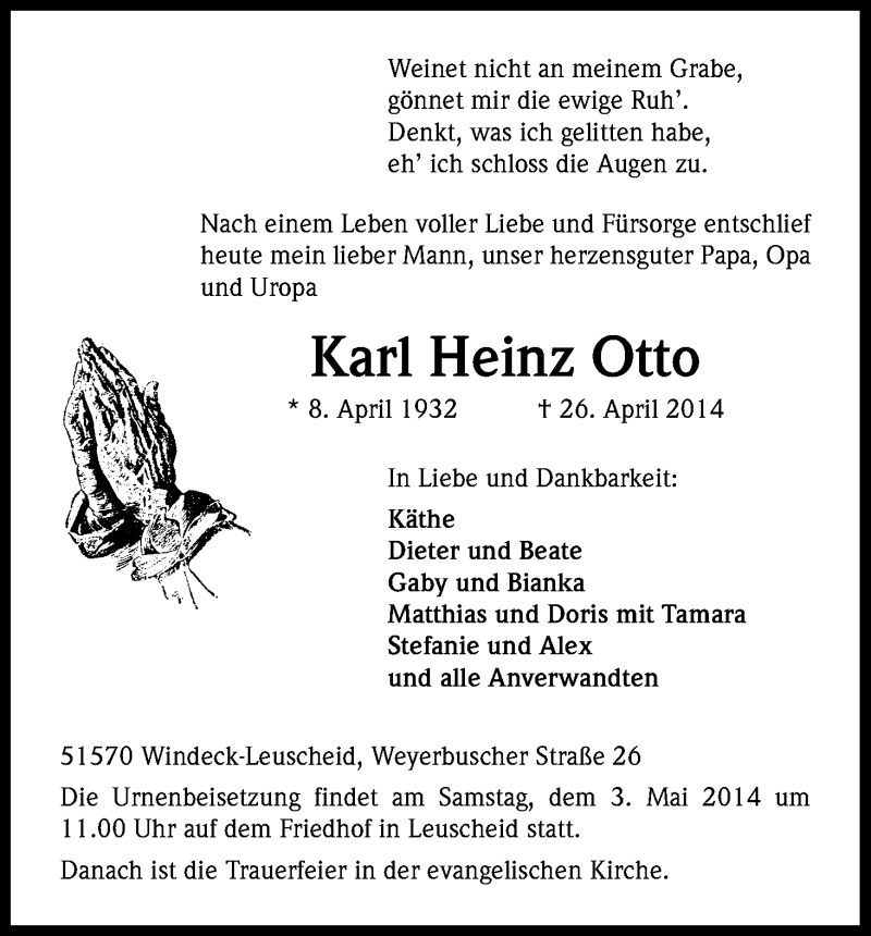 Traueranzeigen Von Karl Heinz Otto Wirtrauern