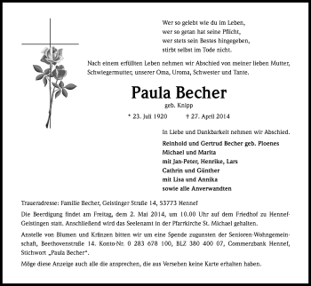 Traueranzeigen Von Paula Becher Wirtrauern