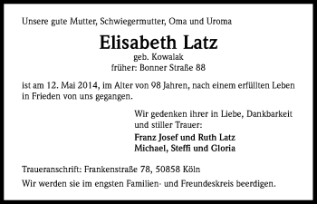 Traueranzeigen Von Elisabeth Latz Wirtrauern