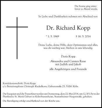 Traueranzeigen Von Richard Kopp WirTrauern