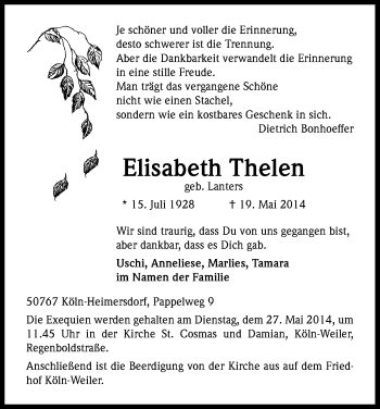Anzeige von Elisabeth Thelen von Kölner Stadt-Anzeiger / Kölnische Rundschau / Express