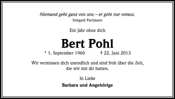 Traueranzeigen Von Bert Pohl Wirtrauern