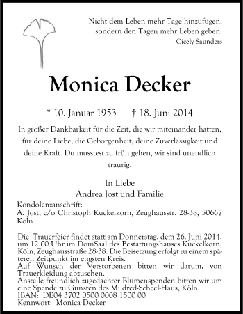 Traueranzeigen Von Monica Decker WirTrauern