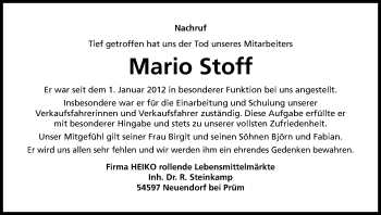 Traueranzeigen Von Mario Stoff Wirtrauern