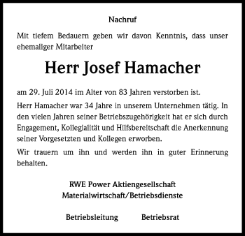 Traueranzeigen Von Josef Hamacher WirTrauern