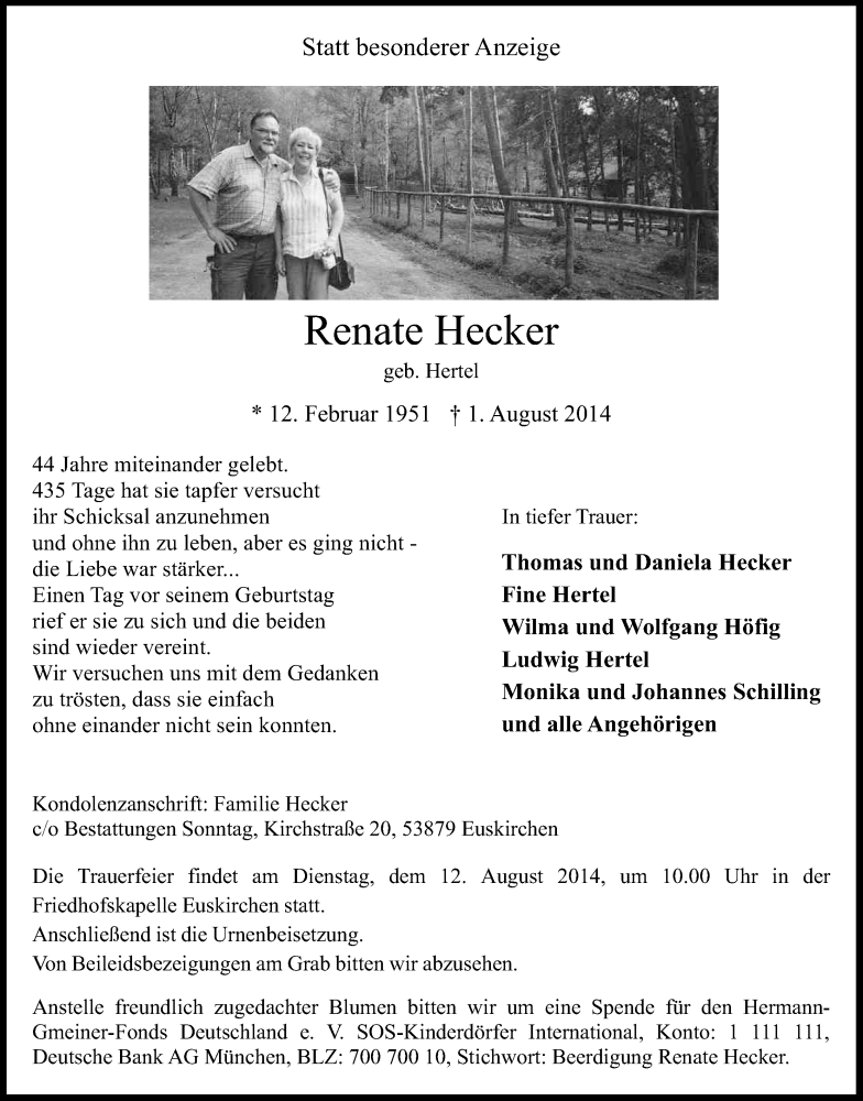 Traueranzeigen Von Renate Hecker Wirtrauern