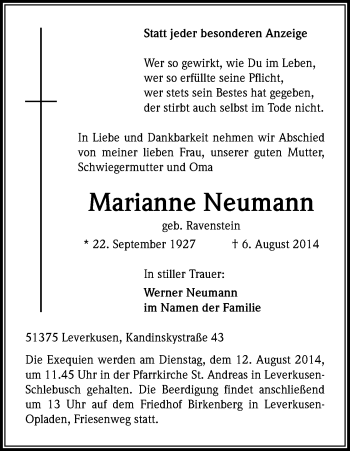 Traueranzeigen Von Marianne Neumann WirTrauern