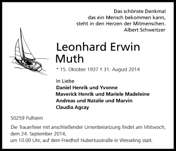 Traueranzeigen Von Leonhard Erwin Muth Wirtrauern