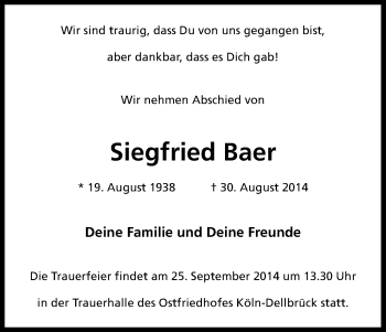 Traueranzeigen Von Siegfried Baer WirTrauern