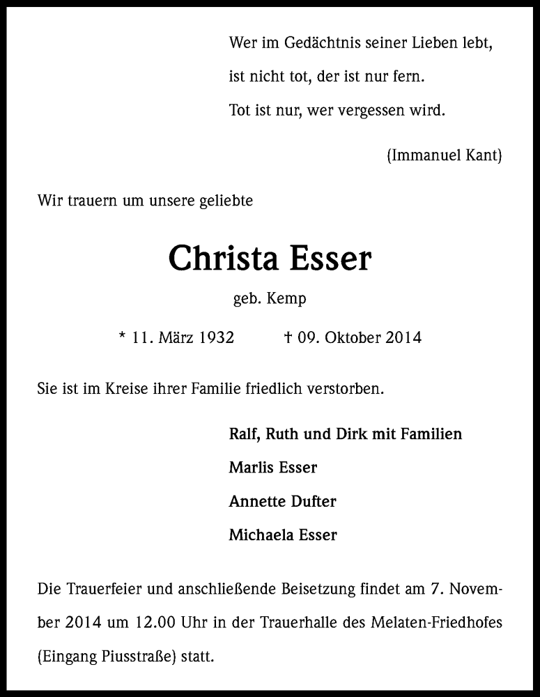 Traueranzeigen Von Christa Esser WirTrauern