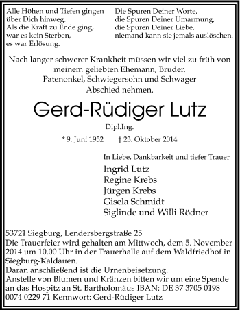 Traueranzeigen von Gerd Rüdiger Lutz WirTrauern