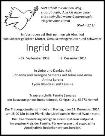 Traueranzeigen Von Ingrid Lorenz WirTrauern