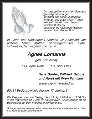 Traueranzeigen Von Agnes Lomanns Wirtrauern