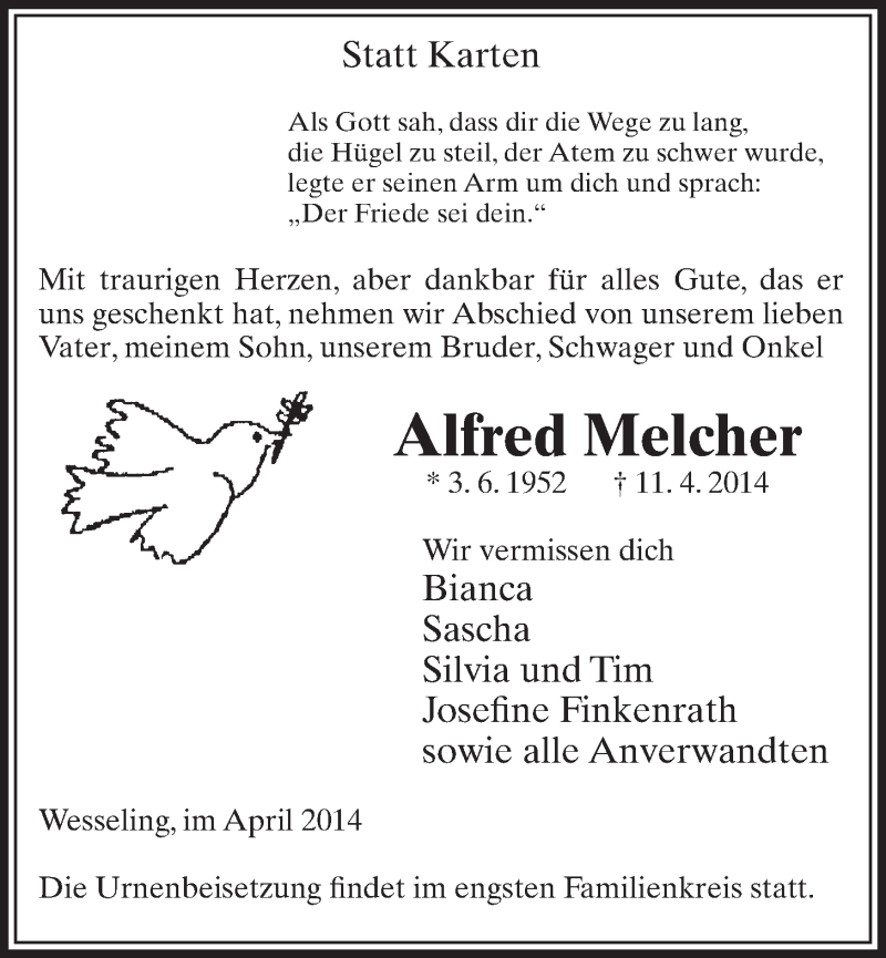 Traueranzeigen Von Alfred Melcher Wirtrauern