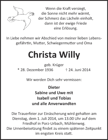 Traueranzeigen Von Christa Willy Wirtrauern