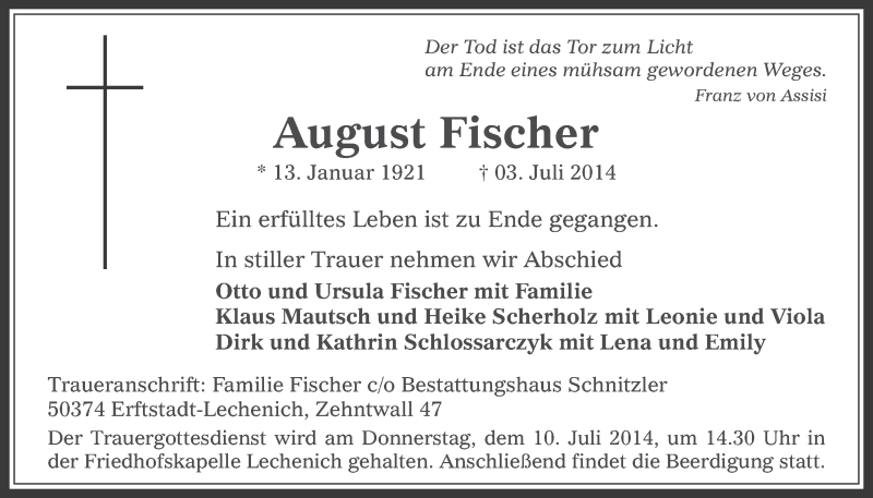 Traueranzeigen Von August Fischer WirTrauern