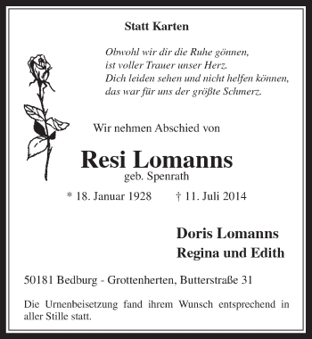 Traueranzeigen Von Resi Lomanns WirTrauern